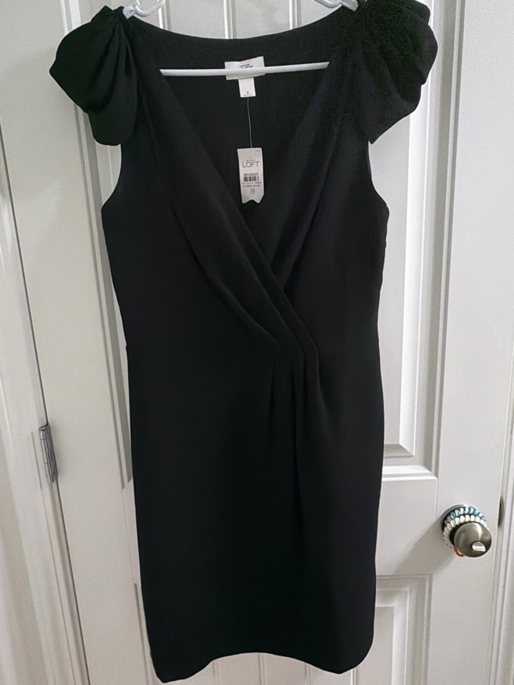 LOFT Black Faux-Wrap Midi Dress with Cap Sleeves